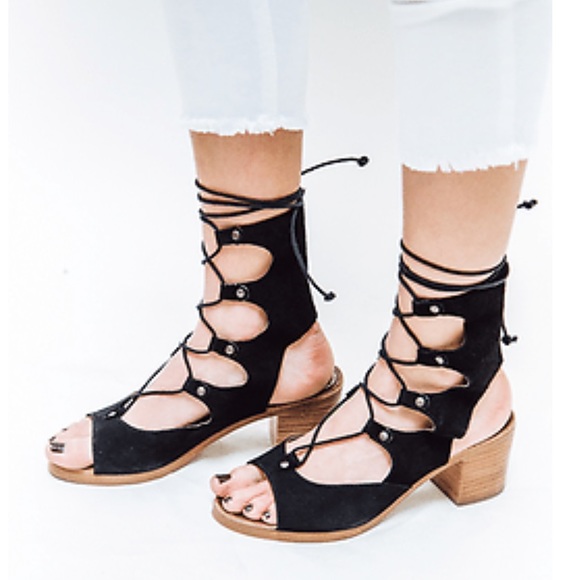 Free People Shoes - Black Boho Chic Gladiator LaceUp Block Heel Sandal